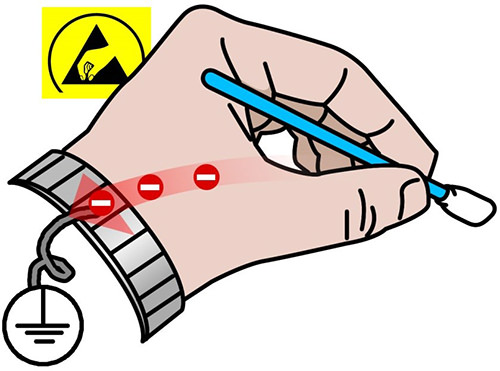 접지된 손목 스트랩은 정전기 방전으로 인한 손상을 방지하기 위해 과도한 전자를 방출합니다..